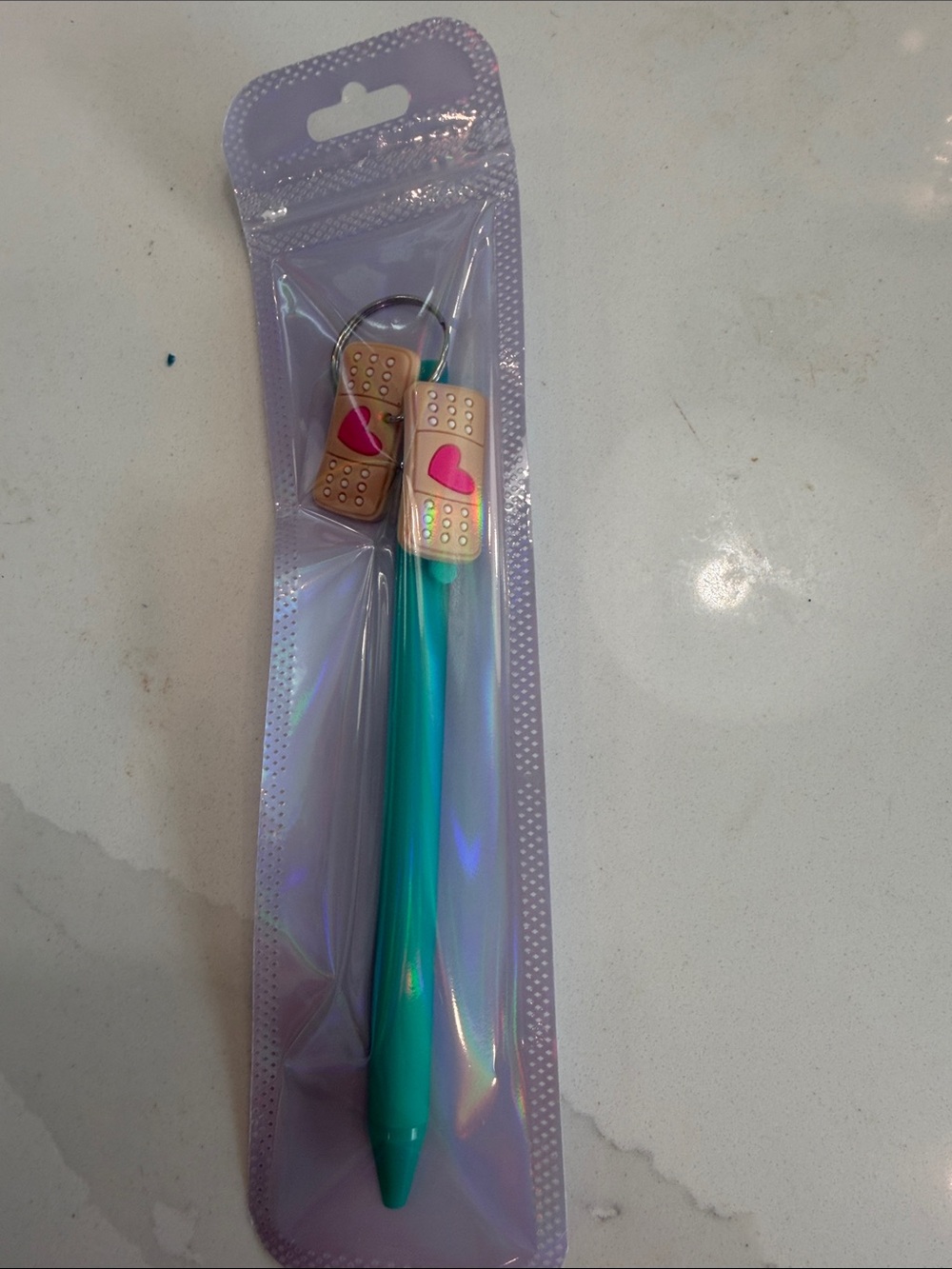 Teal  Pen with Bandage Heart Keychain
